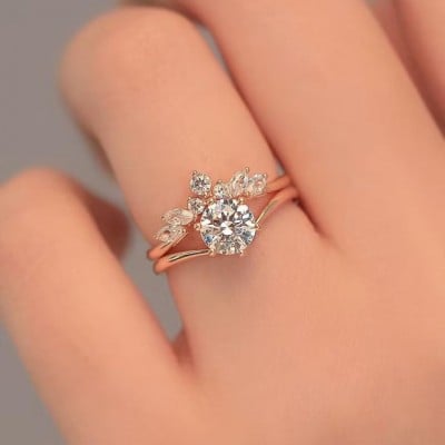 Round Cut Diamond White Solitaire Rose Gold 925 Sterling Silver Ring Set
