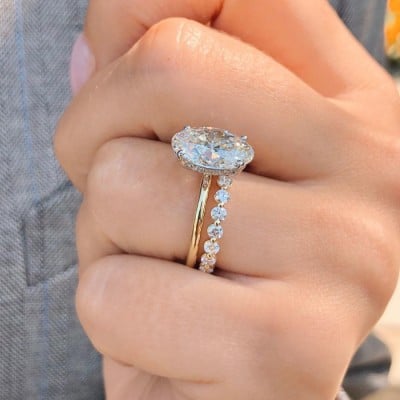 Oval Cut Diamond White 925 Sterling Silver Yellow Gold Hidden Halo Ring Set