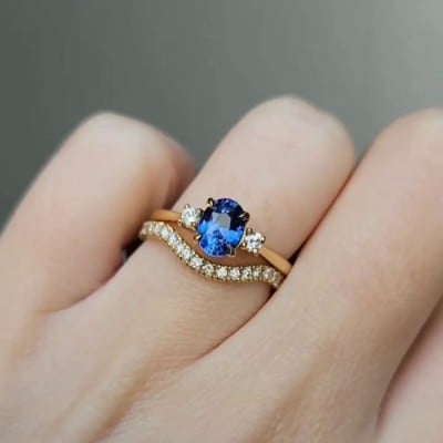 Oval Cut Sapphire Blue 925 Sterling Silver Yellow Gold 3-Stone Ring Set