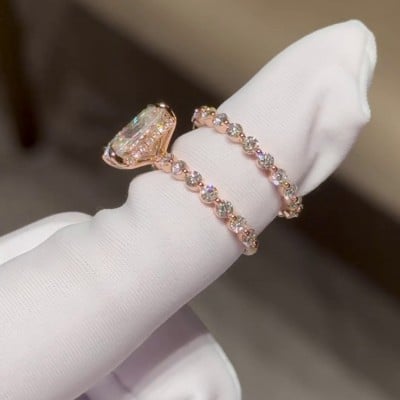 Radiant Cut Diamond White Hidden Halo 925 Sterling Silver Rose Gold Ring Set