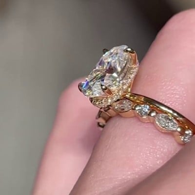 Oval Cut Diamond White Hidden Halo 925 Sterling Silver Yellow Gold Ring Set