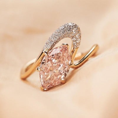 Marquise Cut Fancy Pink 925 Sterling Silver Yellow Gold Art Deco Ring Set