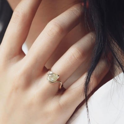 Pear Cut Diamond White 925 Sterling Silver Yellow Gold Art Deco Ring Set