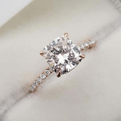 Cushion Cut Diamond White 925 Sterling Silver Rose Gold Hidden Halo Ring Set