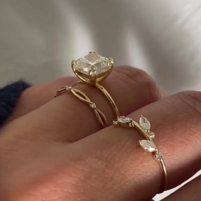 Cushion Cut Diamond White 925 Sterling Silver Yellow Gold Solitaire 3-piece Ring Set