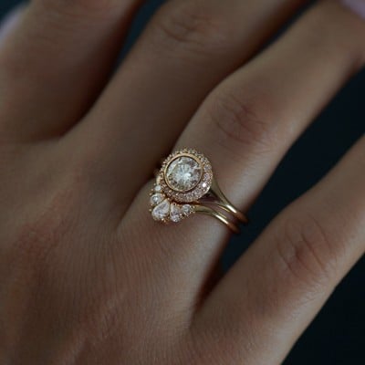 Round Cut Diamond White 925 Sterling Silver Yellow Gold Halo Art Deco Ring Set