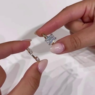 Emerald Cut Diamond White 925 Sterling Silver Yellow Gold Solitaire Ring Set