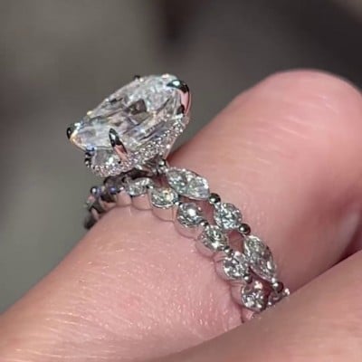 Oval Cut Diamond White 925 Sterling Silver Hidden Halo Ring Set