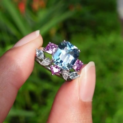 Emerald Cut Aquamarine Sterling Silver 3-Stone Ring Set