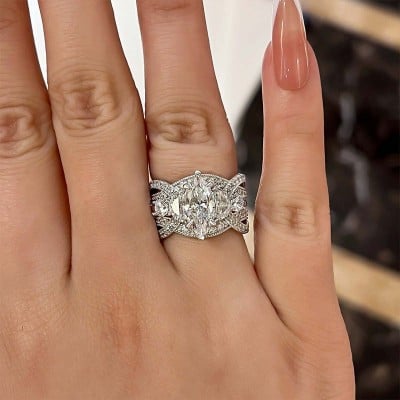 Marquise Cut Diamond White Sterling Silver 3-Stone Ring Set