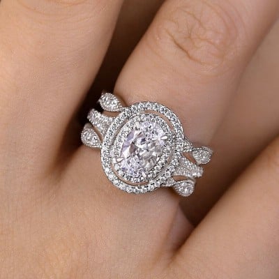 Oval Cut Diamond White Sterling Silver Double Halo Ring Set