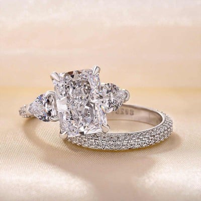 Radiant Cut Diamond White Sterling Silver 3-Stone Ring Set