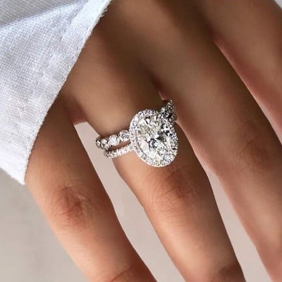 Oval Cut Diamond White Sterling Silver Halo Ring Set
