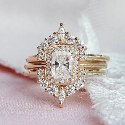 Radiant Cut Diamond White Sterling Silver Yellow Gold Halo Ring Set