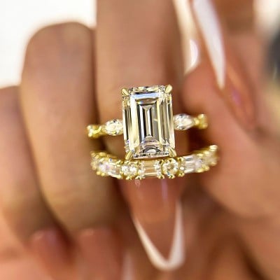 Emerald Cut Diamond White Sterling Silver Yellow Gold 3-Stone Ring Set