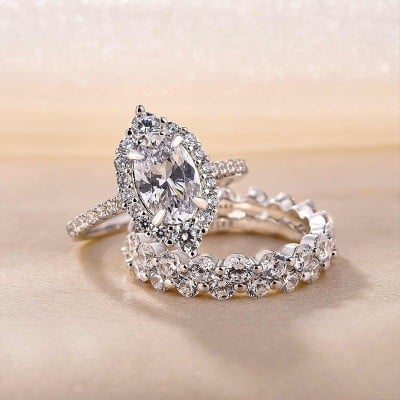 Oval Cut Diamond White Sterling Silver 3-Piece Halo Ring Set