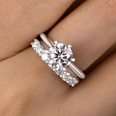 Round Cut Diamond White Sterling Silver Solitaire Ring Set