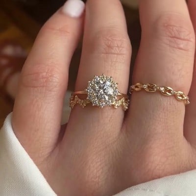 Round Cut Diamond White Sterling Silver Yellow Gold Halo Bridal Sets