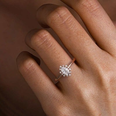 Oval Cut Diamond White Sterling Silver Rose Gold Halo Bridal Sets