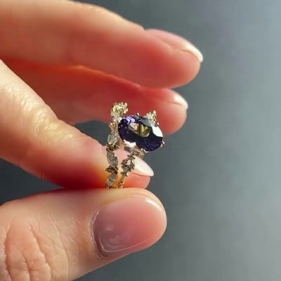Oval Cut Amethyst Purple Sterling Silver Yellow Gold Bridal Sets