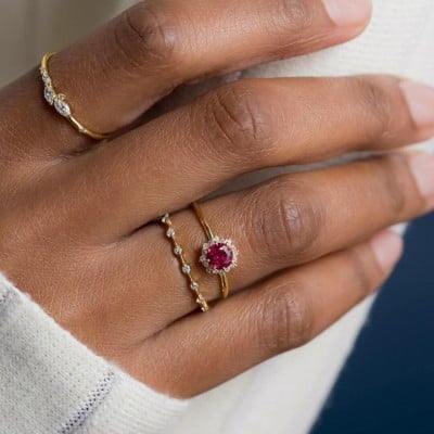 Round Cut Ruby Red Sterling Silver Yellow Gold Halo Bridal Sets