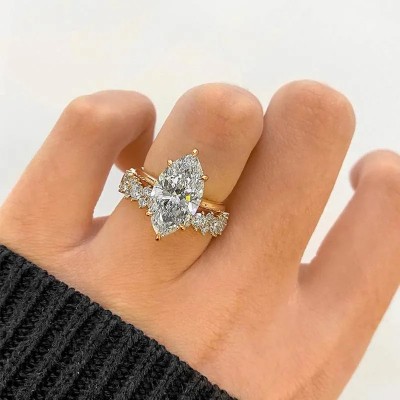Marquise Cut Diamond White Sterling Silver Available in 3 Colors Halo Wedding Ring Set