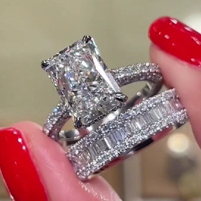 Radiant Cut Diamond White Sterling Silver Available in 3 Colors Wedding Ring Set