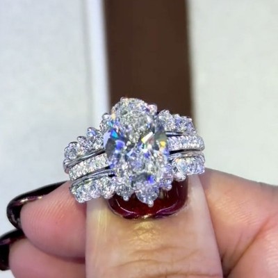 Oval Cut Diamond White Sterling Silver Insert Wedding Ring Set