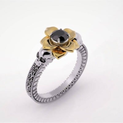 Round Cut Fancy Black 925 Sterling Silver Yellow Gold Skull Ring