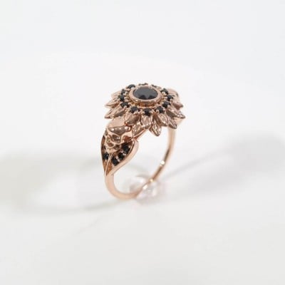 Round Cut Fancy Black 925 Sterling Silver Rose Gold Halo Skull Ring
