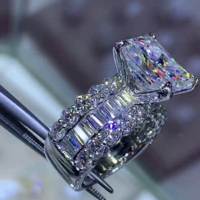 Radiant Cut Diamond White Engagement Ring in Sterling Silver