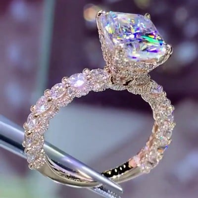 Radiant Cut Diamond White Yellow Gold Art Deco Engagement Ring in 925 Sterling Silver