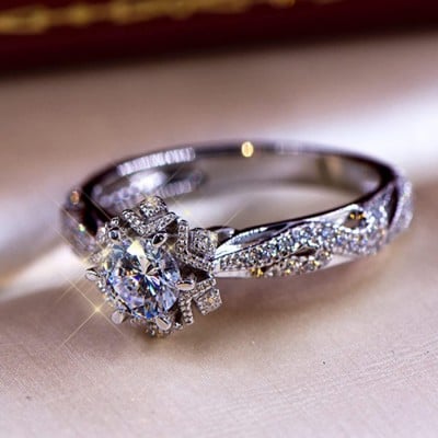 Round Cut Diamond White Art Deco Halo Engagement Ring in 925 Sterling Silver