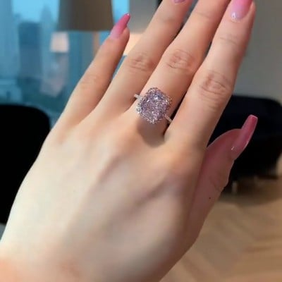 Radiant Cut Fancy Pink 925 Sterling Silver Halo Engagement Ring