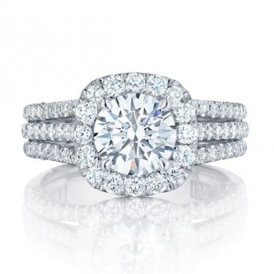 Round Cut Diamond White Halo Engagement Ring in Sterling Silver