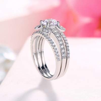 Round Cut Diamond White 925 Sterling Silver 3-Piece Ring Set