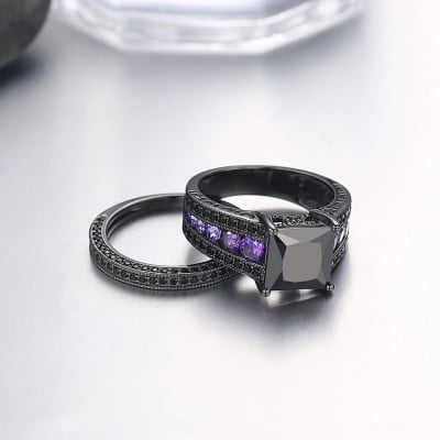 Princess Cut Fancy Black Sterling Silver Bridal Ring Set