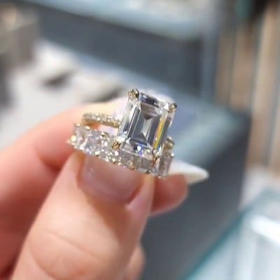 Emerald Cut Diamond White Yellow Gold Classic Ring Sets in 925 Sterling Silver