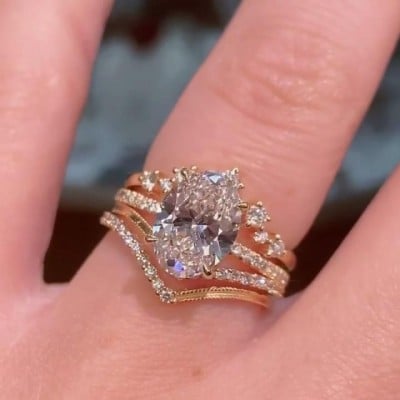 Diamond White Oval Cut Yellow Gold 925 Sterling Silver 3-Piece Bridal Sets