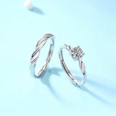 Round Cut Moissanite Diamond White 925 Sterling Silver Adjustable Size Couple Rings