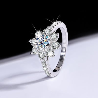 Round Cut Moissanite Diamond White 925 Sterling Silver Halo Engagement Ring