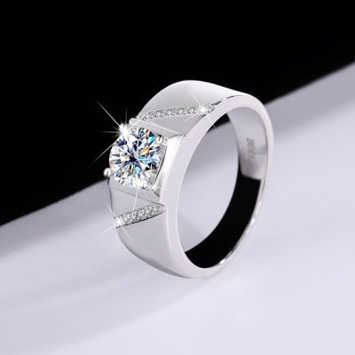 Round Cut Moissanite Diamond White 925 Sterling Silver Men's Ring