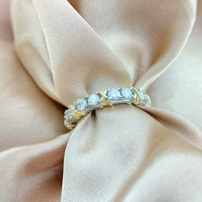 Round Cut Moissanite Diamond White 925 Sterling Silver Two-tone Wedding Band Ring