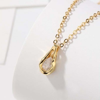 Pear Diamond White 925 Sterling Silver Yellow Gold 16" Necklace