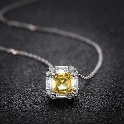Asscher Citrine Yellow 925 Sterling Silver 16" Necklace