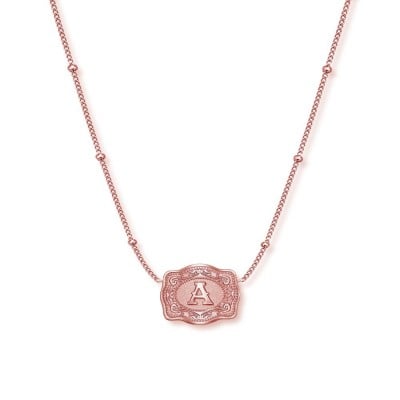 Unisex Ultra Mini Initial Rose Gold S925 Silver Belt Buckle Necklace with Beaded Chain